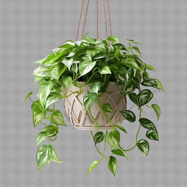 Png pothos vines in a stoneware pot with floral design hanging f interior tree on clean background