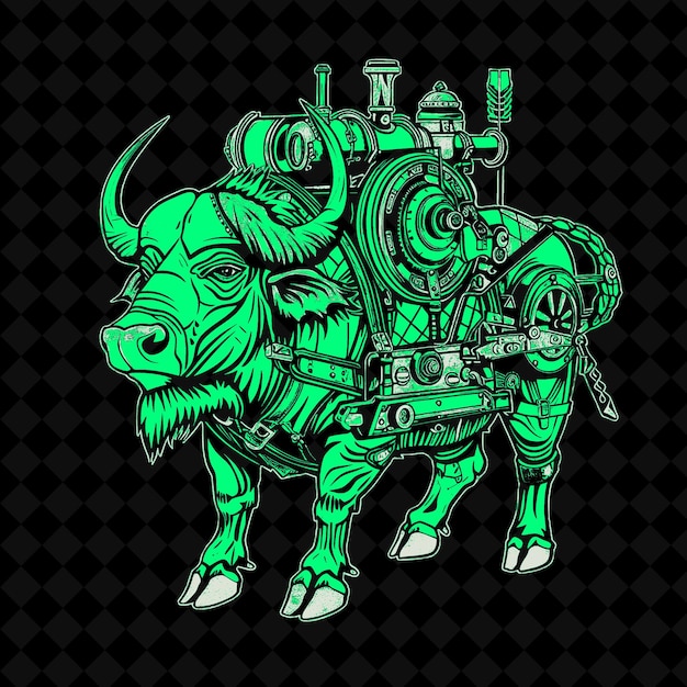 PSD png powerful buffalo with a steam powered engine on its back wea outline vector of animal mascot