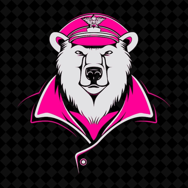 PSD png powerful polar bear with a russian generals hat and coat des outline vector of animal mascot