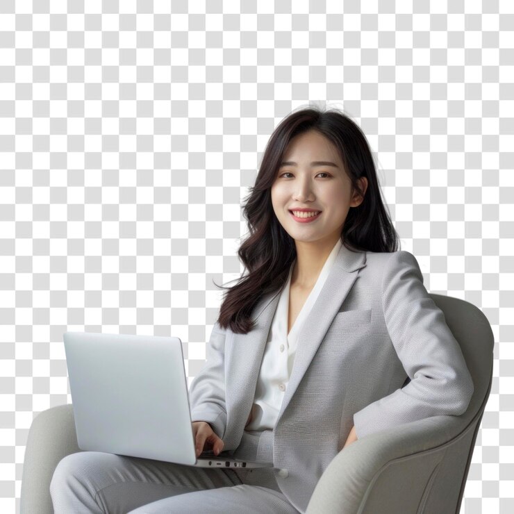 PSD 노트북을 들고 미소 짓는 png 전문 여성