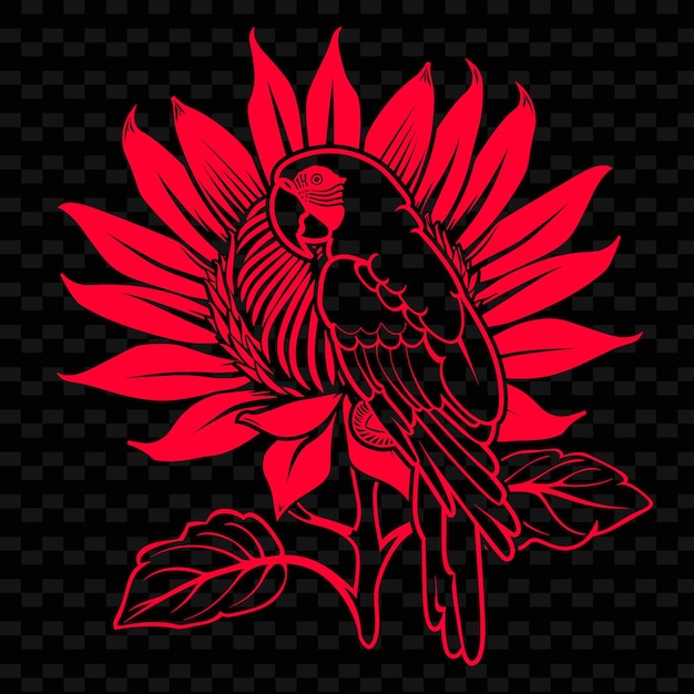 png protea bloom with parrot silhouette and abstract design with outline animal and tropical leave