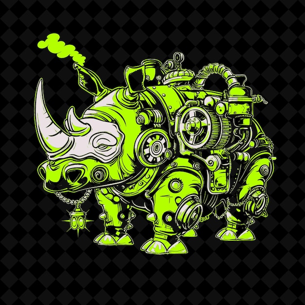 PSD png proud rhinoceros with a steam powered engine and a gear lade outline vector of animal mascot (蒸気動力エンジンとギアロードの概要ベクトルを搭載したプライドな犀)