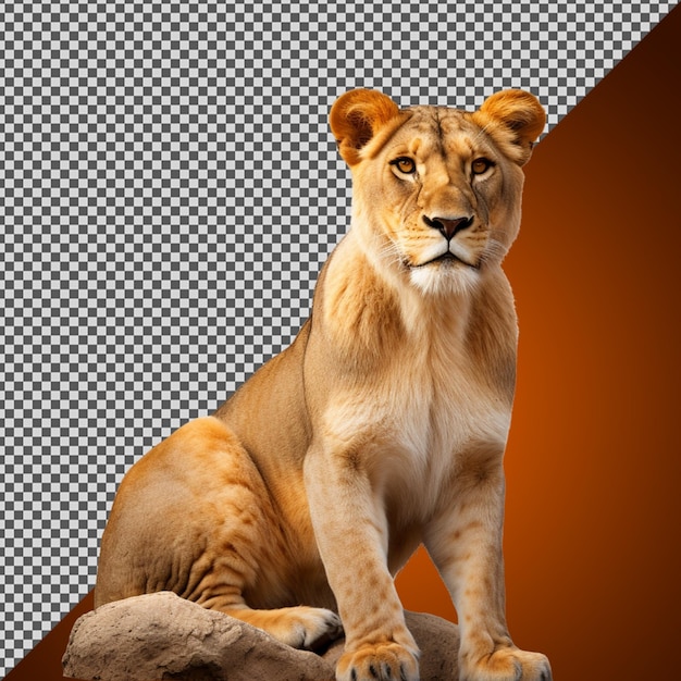 PSD png psd beautiful majestic lioness sitting on a stone isolated on a transparent background