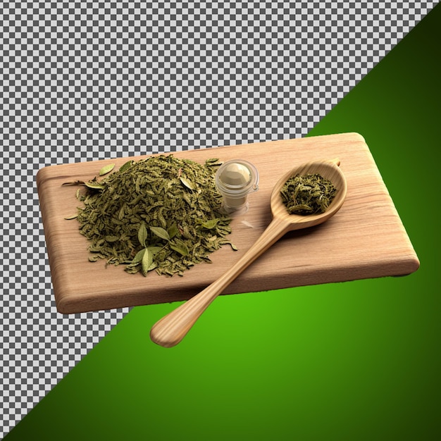 PSD png psd wiązka suszonej zielonej herbaty na drewnianej płytce izolowanej na przezroczystym tle