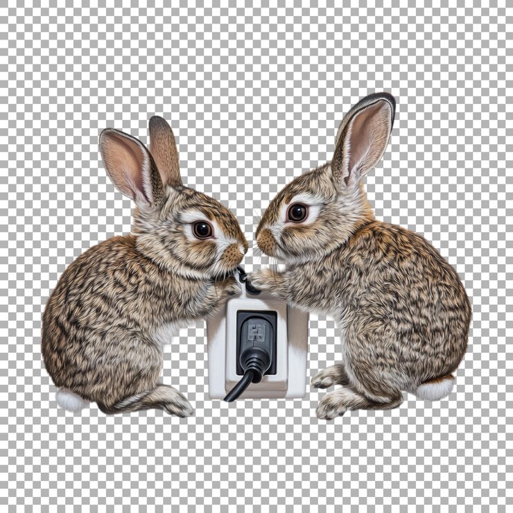 PSD png rabbits plugging in a cable on transparent background