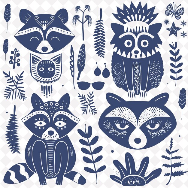 PSD png raccoon folk art with bandit masks and woodland elements for illustration outline frame decor