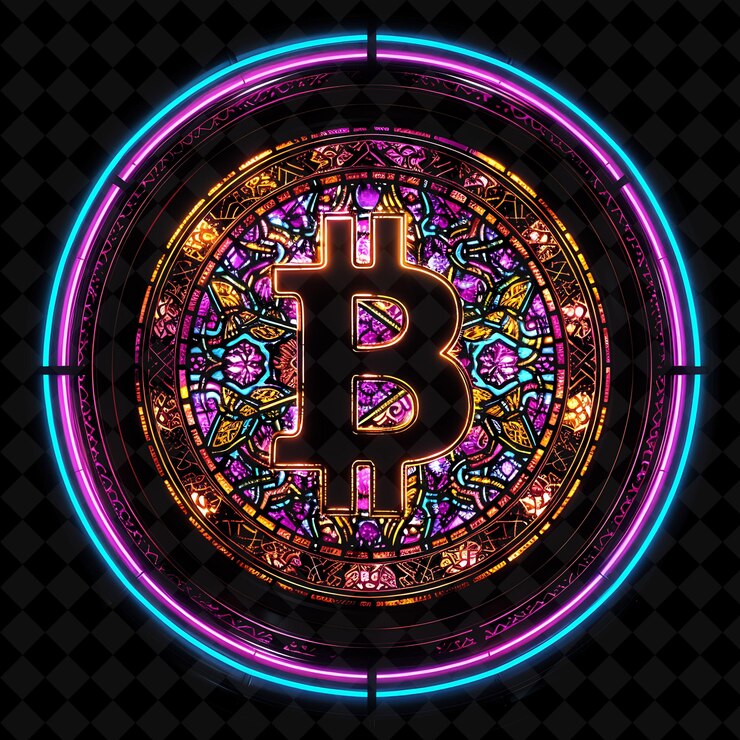 PSD png radiant stained glass frame design с биткойном и окрашенной y2k неоновой формой на темном фоне