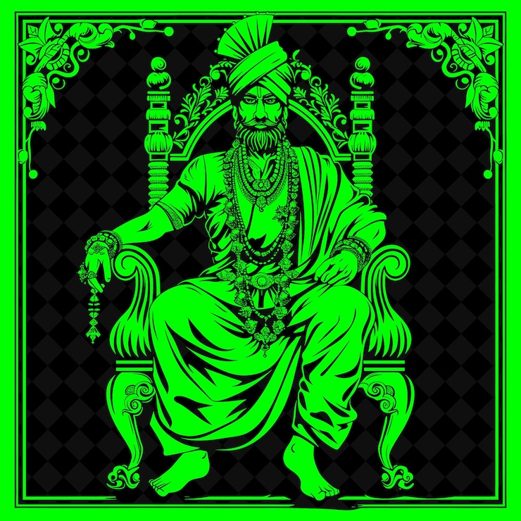 PSD png rajput maharaja with a talwar adorned with jewelry and a tur medieval warrior character shape