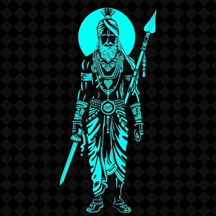 PSD png rajput warrior with a khanda adorned with jewelry and a turb medieval warrior character shape