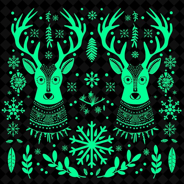 PSD png reindeer folk art with christmas elements and snowflakes for illustration outline frame decor