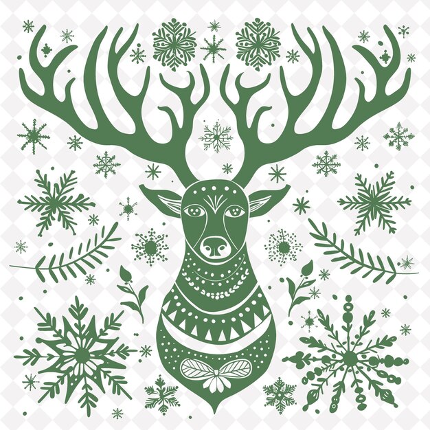 PSD png reindeer folk art z elementami świątecznymi i płatkami śniegu do ilustracji