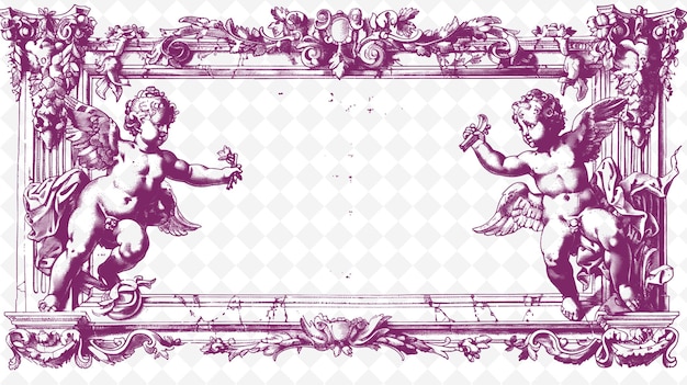 PSD png renaissance frame art with cherubs and classical sculptures illustration frame art decorative