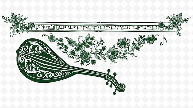 Png renaissance lute frame art met muzikale noten en bloemen decor illustratie frame art decorative