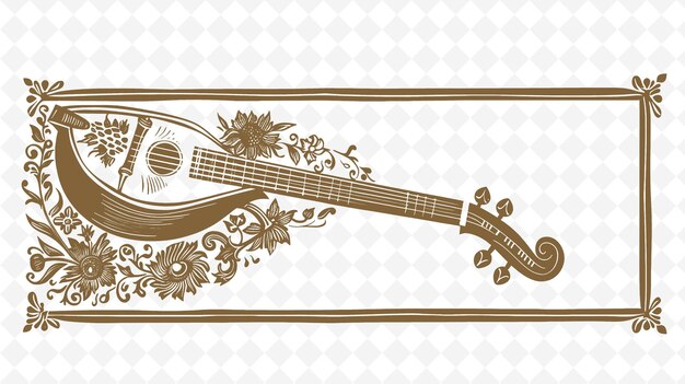 PSD png renaissance lute frame art with musical notes and floral dec illustration frame art decorative