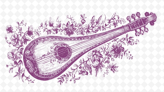 PSD png renaissance lute frame art with musical notes and floral dec illustration frame art decorative