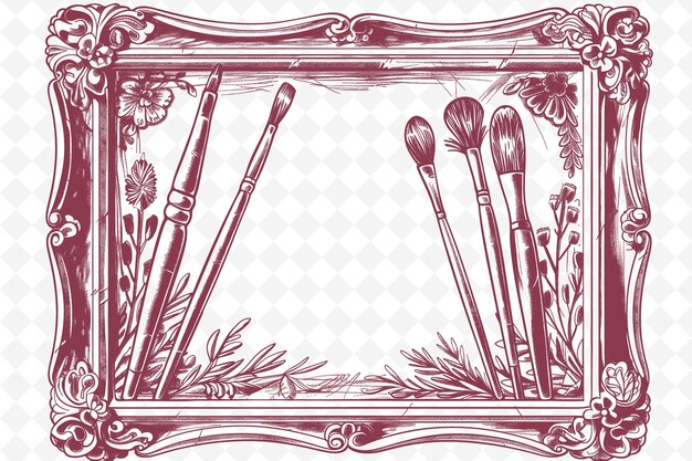 PSD png renaissance painting frame art with palette and brushes deco illustration frame art decorative