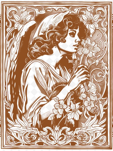 PSD png renaissance portrait frame art with angel and floral decorat illustration frame art decorative