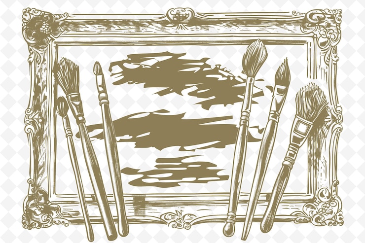 PSD png renesans malarstwo ramy sztuki z paletą i pędzlami deco ilustracja ramy sztuka dekoracyjna