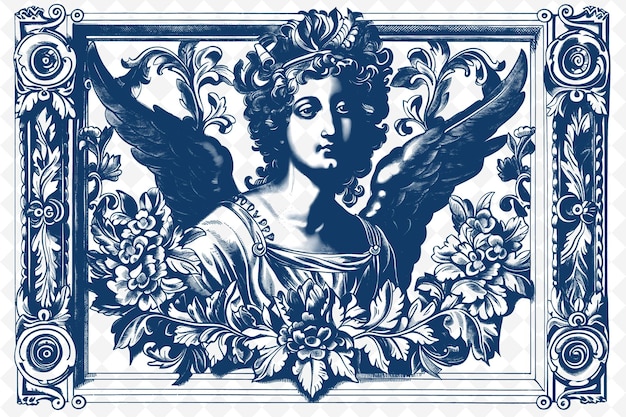 PSD png renesansowy portret ramy sztuki z aniołem i kwiatami dekoracja ilustracja ramy sztuky dekoracyjne