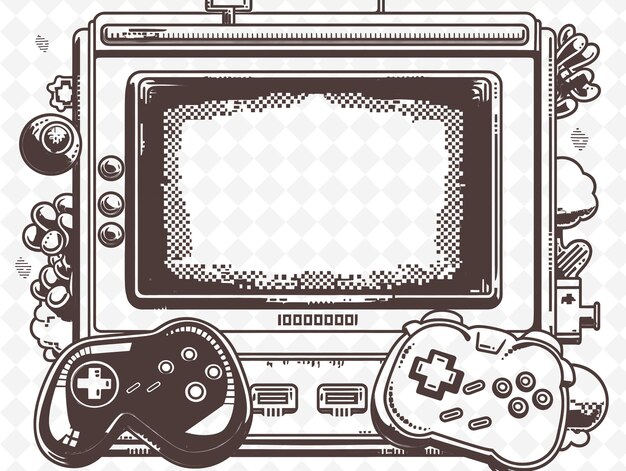 PSD png retro arcade frame art z joystickem i ilustracją pikselowej postaci frame art decorative