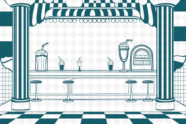 PSD png retro diner frame art con milkshake e jukebox decorazioni illustrazione frame art decorative