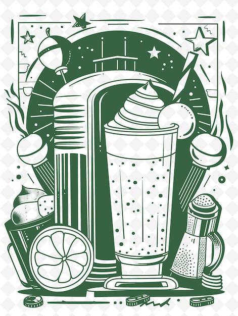 PSD png retro diner frame art with milkshake and jukebox decorations illustration frame art decorative