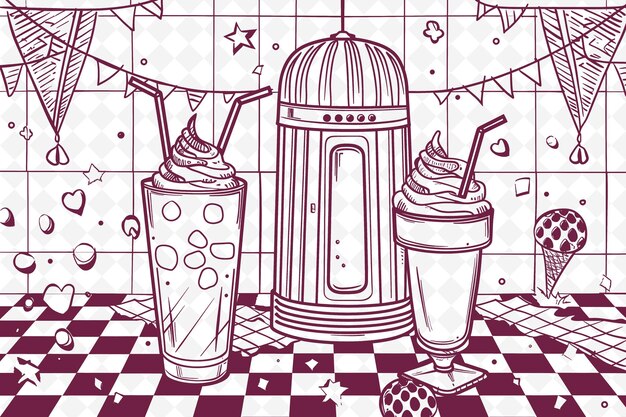 PSD png retro diner frame art z milkshake i jukebox dekoracje ilustracja frame art dekoracyjny