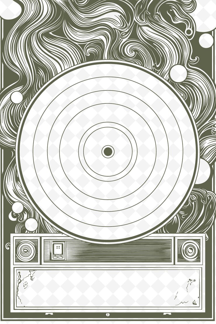 PSD png retro frame art with vinyl record and cassette tape decorati illustration frame art decorative