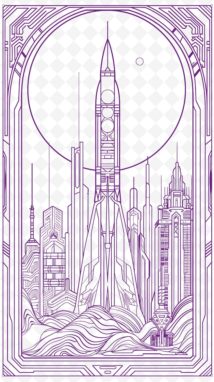 PSD png retro futuristic frame art with retro rocket and futuristic illustration frame art decorative