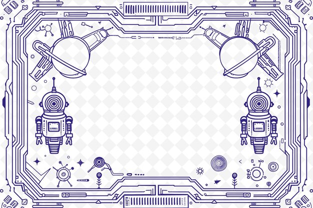 PSD png retro futuristic frame art with robot and spaceship decorati illustration frame art decorative