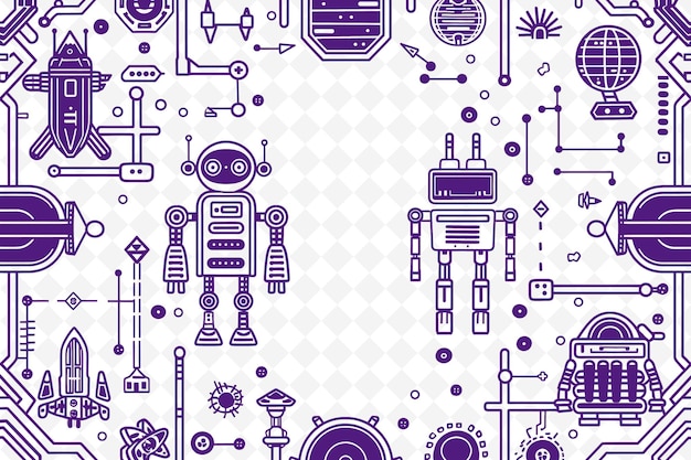 PSD png retro futuristic frame art with robot and spaceship decorati illustration frame art decorative