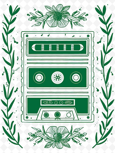 PSD png retro postcard design with a cassette tape frame style enhan outline arts scribble decorative