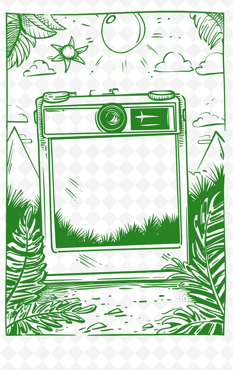 PSD png retro postcard design with a polaroid frame style complete w outline arts scribble decorative