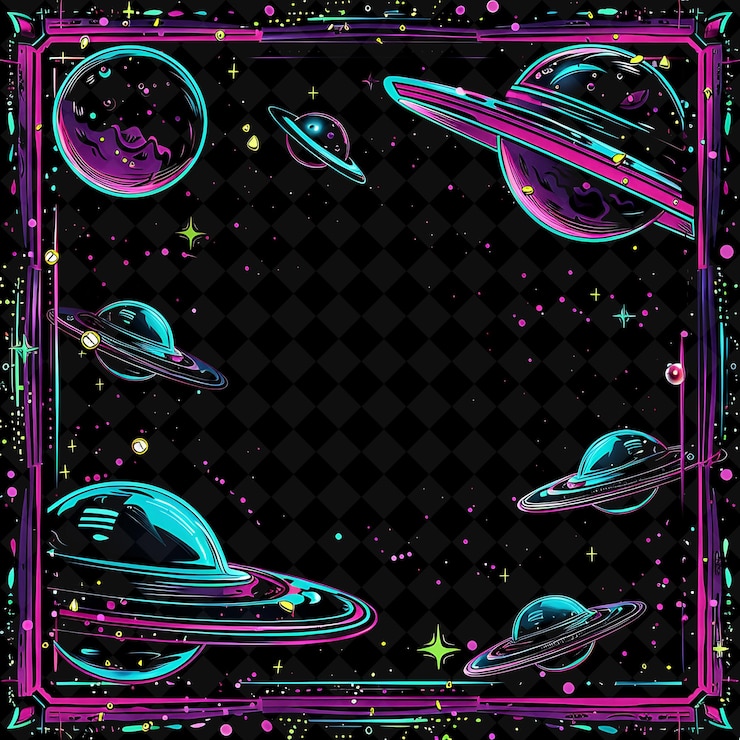 PSD png retro space invaders frame met compound logo alien spaceshi y2k neon vorm op donkere achtergrond