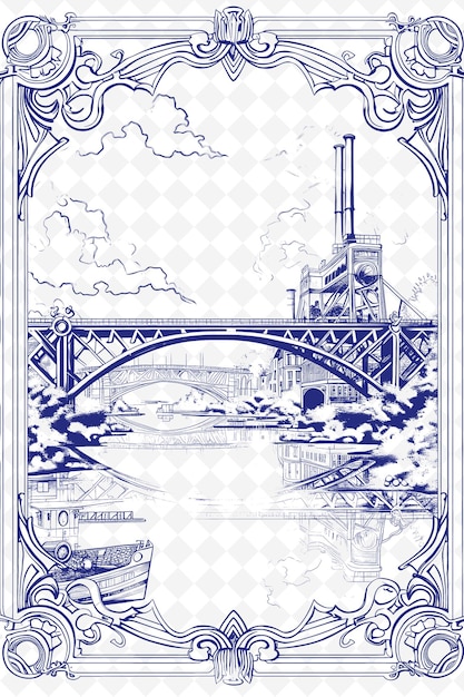 PSD png river postcard design with industrial frame style design dec outline arts scribble decorative