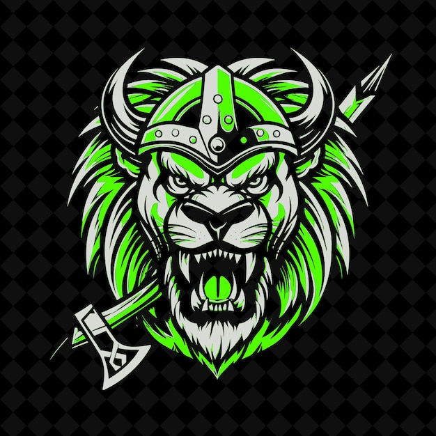 PSD png roaring lion with a viking helmet and axe designed with a sl outline vector of animal mascot