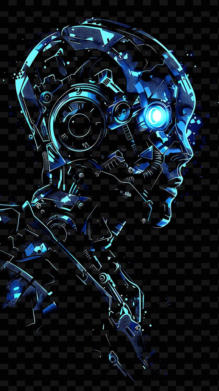 PSD png robot tape decal with humanoid robots and mechanical parts creative neon y2k shape decorativea