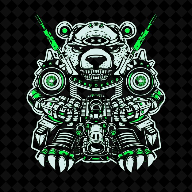 PSD png robotic bear with metal claws and a powerful cannon wearing outline vector of animal mascot