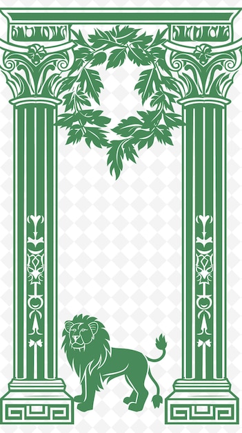 PSD png romanesque column frame art with lion and laurel wreath deco illustration frame art decorative