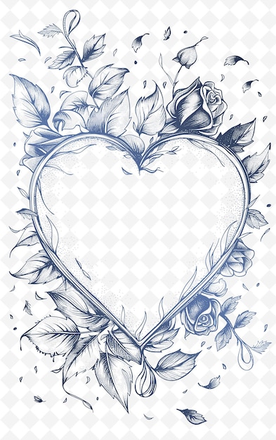 PSD png romantic postcard design with a heart shaped frame style sur outline arts scribble decorative