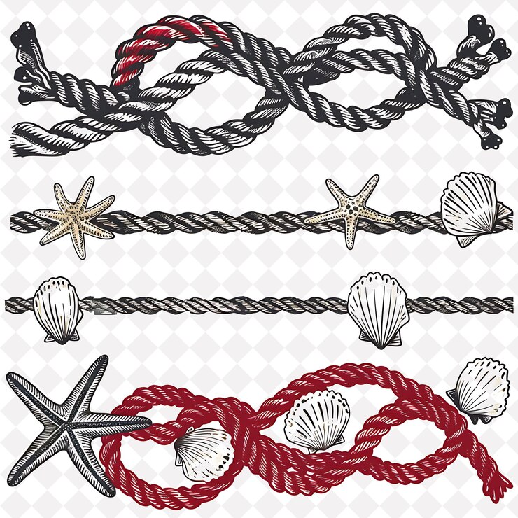 PSD png rope knots borderlines design with seashells and starfish de creative nature design art