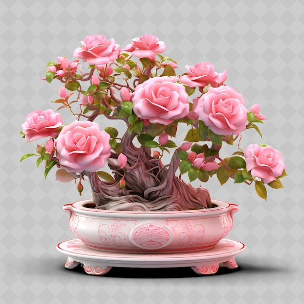 PSD png rose bonsai porcelain pot compound leaves romantic elegance transparent diverse trees decor