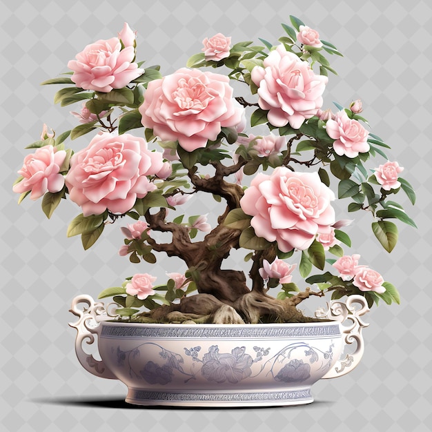 PSD png rose bonsai porcelain pot compound leaves giardino romantico co decorazione di alberi diversi trasparenti