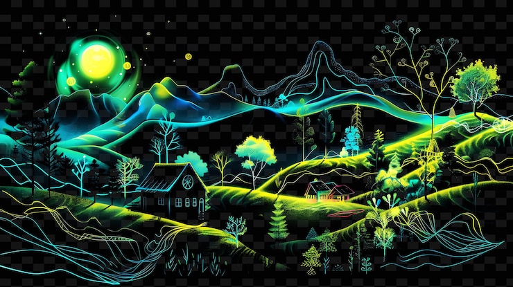 PSD png rural tape decal with neon infused countryside scenes and n creative neon y2k shape decorativea