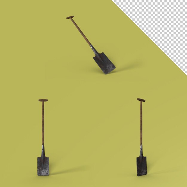 PSD png rusted spade including shadown with 7 different possitions 3d spade render transparent shadown