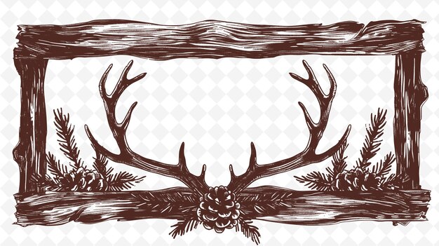 PSD png rustic frame art met antler en pine cone decorations border illustration frame art decorative