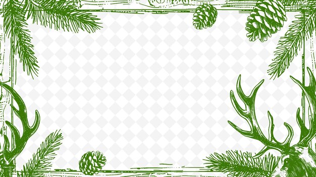 PSD png rustic frame art with antler and pinecone decorations border illustration frame art decorative (rustyczna sztuka ramkowa z dekoracjami z roślinami i sosnowymi)