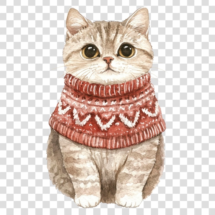 PSD png 스코틀랜드 폴드 고양이 크리스마스 스웨터를 입고 미술 일러스트레이션 수채화