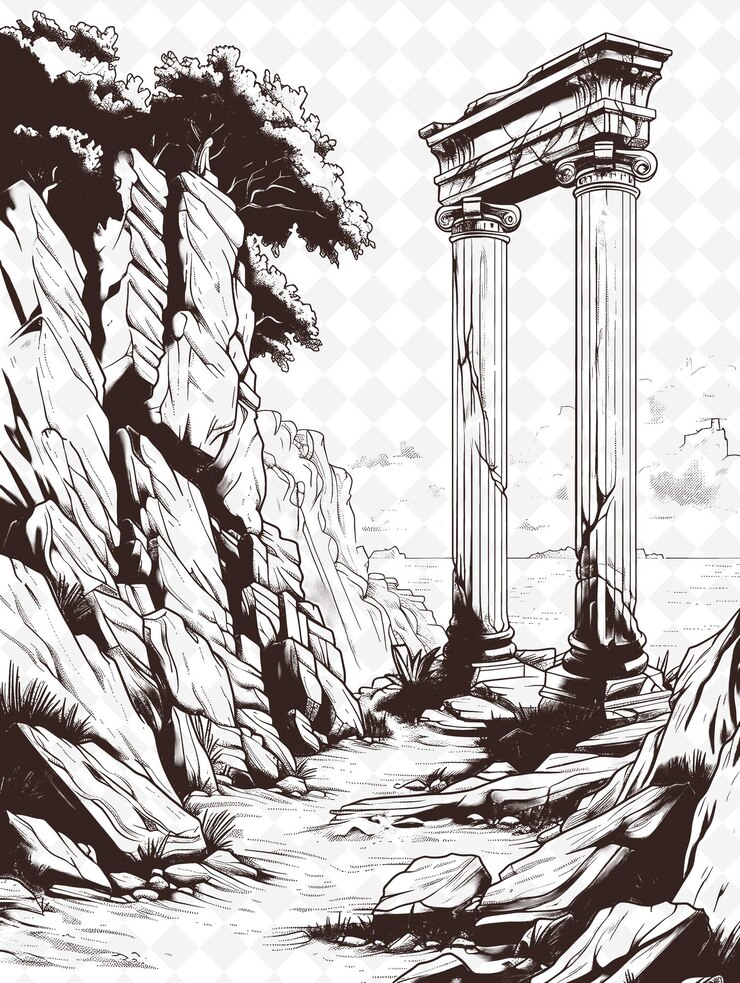 PSD png sea landscape with an ancient ruin a historical frame style nature view outline art collection