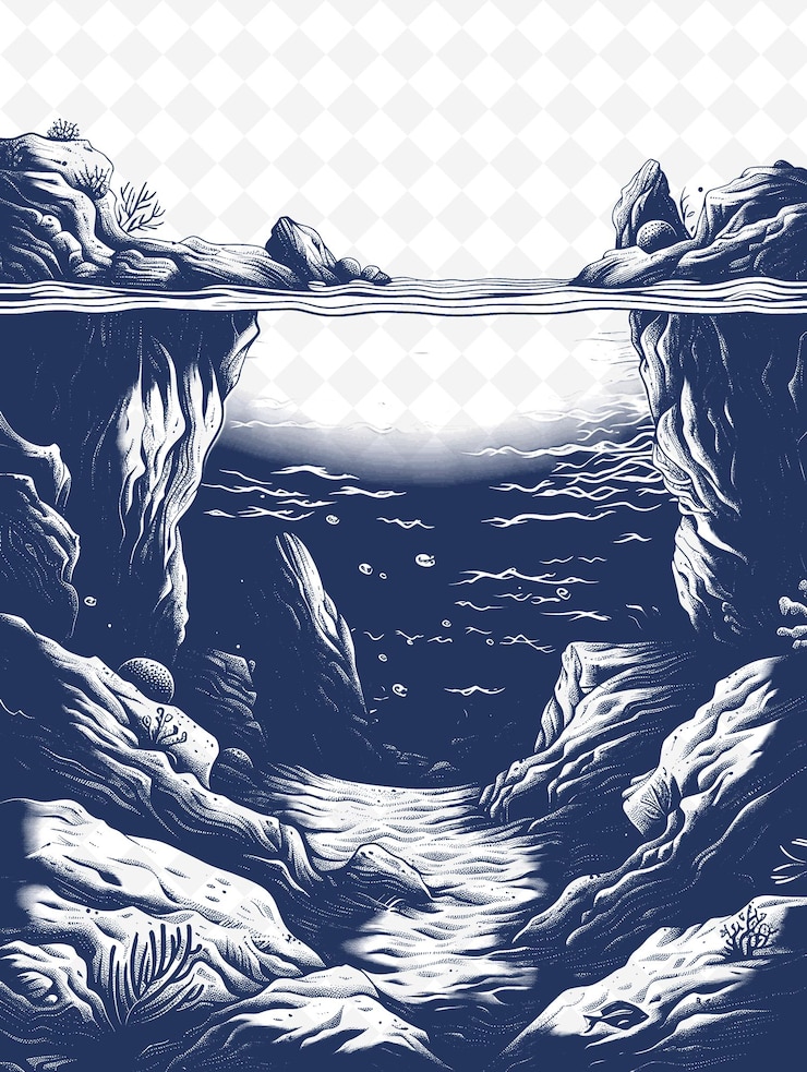PSD png sea landscape with a submarine canyon a layered frame style nature view outline art collection